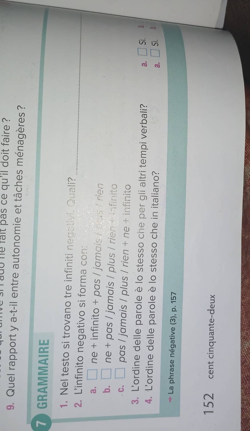 ado he fait pas ce qu'il doit faire ?
9. Quel rapport y a-t-il entre autonomie et tâches ménagères ?
7GRAMMAIRE
_
1. Nel testo si trovano tre infiniti negativi. Quali?
2. L'infinito negativo si forma con:
a. □ ne + infinito + pas / jamais / plus / rien
b. □ ne + pas / jamais / plus / rien + infinito
C. □ pas / jamais / plus / rien + ne + infinito
3. L'ordine delle parole è lo stesso che per gli altri tempi verbali?
a. □ Sì. b.
4. L'ordine delle parole è lo stesso che in italiano? Sì. b.
a. □ 
La phrase négative (3), p. 157
152 cent cinquante-deux