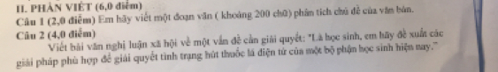 PHẢN VIÊT (6,0 điễm) 
Câu 1 (2,0 điểm) Em hãy viết một đoạn văn ( khoảng 200 chū) phân tích chủ đễ của văm bản. 
Câu 2 (4,0 điểm) 
Viết bài văn nghị luận xã hội về một vẫn đề cần giải quyết: "Là học sinh, em hãy đề xuất các 
giải pháp phù hợp để giải quyết tình trạng hút thuốc lá điện tử của một bộ phận học sinh hiện nay.'''