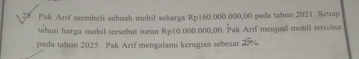 Pak Arif membeli sebuah mobil seharga Rp160.000.000,00 pada tahun 2021. Setiap 
tahun harga mobil tersebut turun Rp10.000.000,00. Pak Arif menjual mobil tersebut 
pada tahun 2025 . Pak Arif mengalami kerugian sebesar 25%.