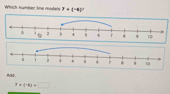 Which number line models 7+(-6) ?
Add.
7+(-6)=□