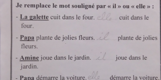 Je remplace le mot souligné par « il » ou « elle » : 
- La galette cuit dans le four. _cuit dans le 
four. 
- Papa plante de jolies fleurs. _plante de jolies 
fleurs. 
- Amine joue dans le jardin. _joue dans le 
jardin. 
- Papa démarre la voiture. démarre la voiture.