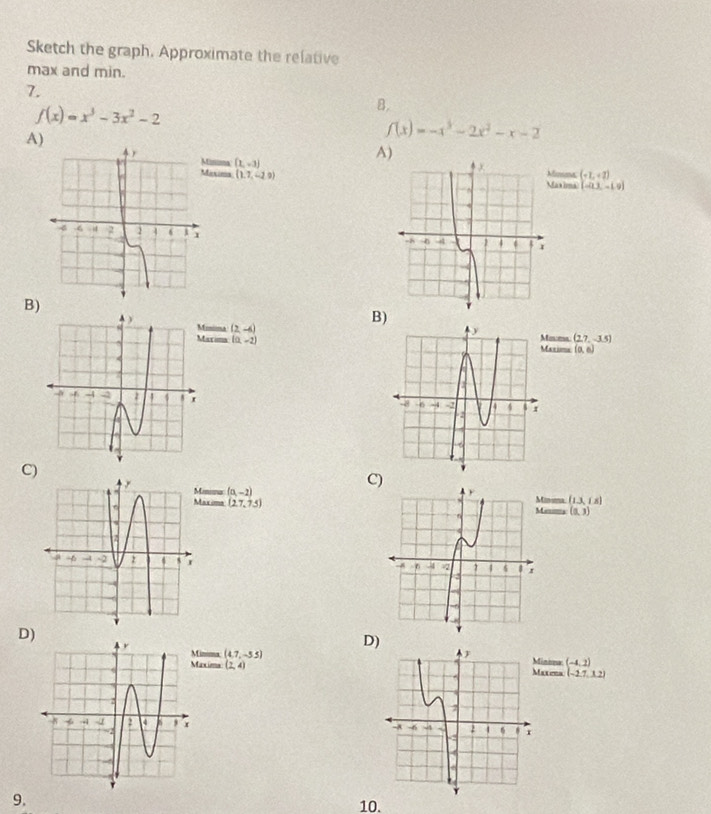 Sketch the graph. Approximate the relative
max and min.
7.
f(x)=x^3-3x^2-2
B,
A)
f(x)=-x^3-2x^2-x-2
A)
inima (1,-3) ouna
axima (1.7,-2.9) axima beginarrayl -L<2) -0.1-Lo)endarray.

B)
B)
iniia (2,-6)
arima (0,-2) axisma aceu (27,-3.5)
(0,6)
C)
C)
inina (a,-2) inma (13,18)
axims (27,7.5) am (0,3)
D)
D) (4.7,-5.5) inina (-4,2)
inma
axims (2,4) axens (-2.7,32)

9.
10.