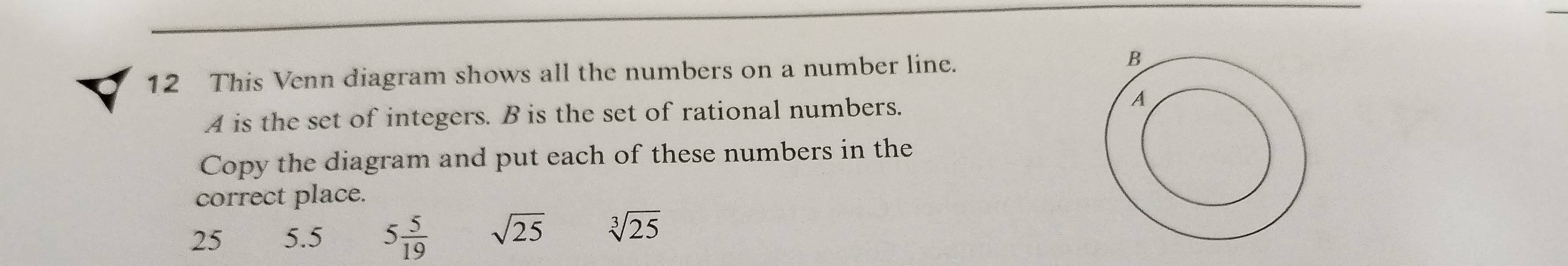 This Venn diagram shows all the numbers on a number line.
A is the set of integers. B is the set of rational numbers. 
Copy the diagram and put each of these numbers in the 
correct place.
25 5.5 5 5/19  sqrt(25) sqrt[3](25)