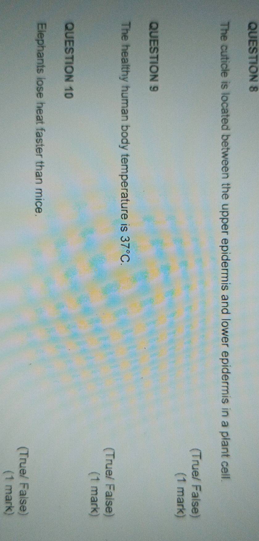 The cuticle is located between the upper epidermis and lower epidermis in a plant cell. 
(True/ False) 
(1 mark) 
QUESTION 9 
The healthy human body temperature is 37°C. 
(True/ False) 
(1 mark) 
QUESTION 10 
Elephants lose heat faster than mice. 
(True/ False) 
(1 mark)