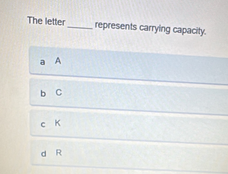 The letter_ represents carrying capacity.
a A
b C
c K
d R