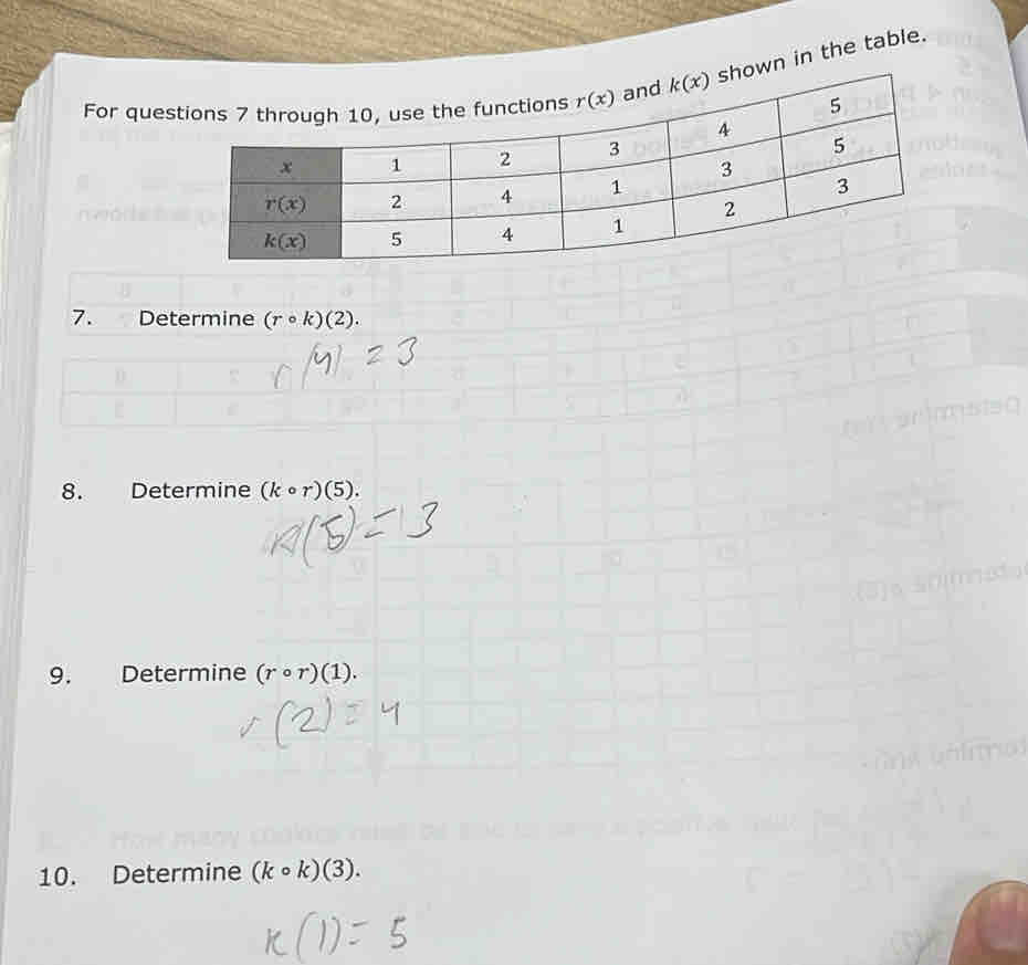 For ques shown in the table.
7. Determine (rcirc k)(2).
8. Determine (kcirc r)(5).
9. Determine (rcirc r)(1).
10. Determine (kcirc k)(3).