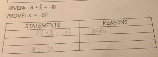 GIVEN: -3+ x/3 =-13
PROVE: x=-30