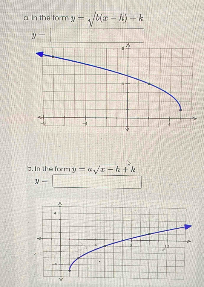 In the form y=sqrt(b(x-h))+k
y=□
b. In the form y=asqrt(x-h)+k
y=□