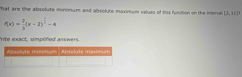 What are the absolute minimum and absolute maximum values of this function on the interval [2,11] ?
f(x)= 2/3 (x-2)^ 3/2 -4
rite exact, simplified answers.