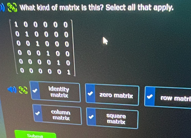 What kind of matrix is this? Select all that apply.
identity
matrix zero matrix row matri
column square
matrix matrix
Submit