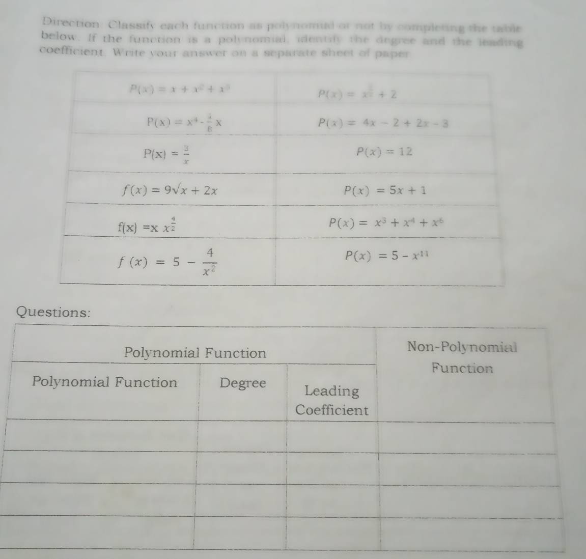 Direction: Classify each function as polynomial or not by completing the table
below. If the function is a polynomial, identify the degree and the leading
coefficient. Write your answer on a separate sheet of paper