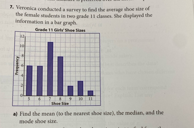 Veronica conducted a survey to find the average shoe size of 
the female students in two grade 11 classes. She displayed the 
information in a bar graph. 
a) Find the mean (to the nearest shoe size), the median, and the 
mode shoe size.