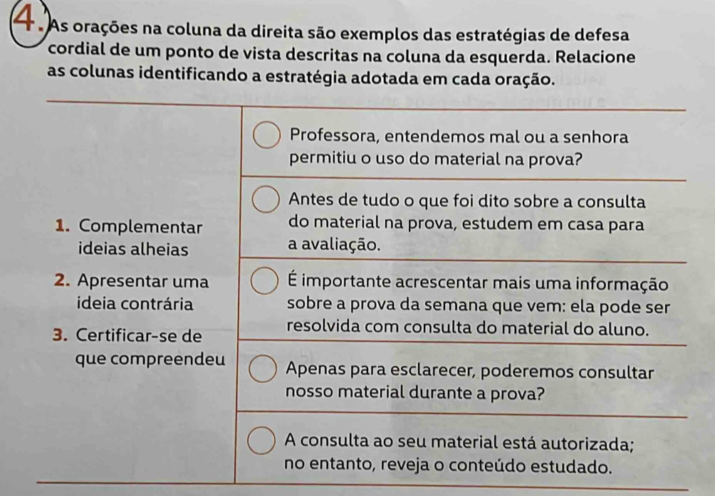 A As orações na coluna da direita são exemplos das estratégias de defesa 
cordial de um ponto de vista descritas na coluna da esquerda. Relacione 
as colunas identificando a estratégia adotada em cada oração. 
Professora, entendemos mal ou a senhora 
permitiu o uso do material na prova? 
Antes de tudo o que foi dito sobre a consulta 
1. Complementar 
do material na prova, estudem em casa para 
ideias alheias a avaliação. 
2. Apresentar uma É importante acrescentar mais uma informação 
ideia contrária sobre a prova da semana que vem: ela pode ser 
3. Certificar-se de 
resolvida com consulta do material do aluno. 
que compreendeu Apenas para esclarecer, poderemos consultar 
nosso material durante a prova? 
A consulta ao seu material está autorizada; 
no entanto, reveja o conteúdo estudado.