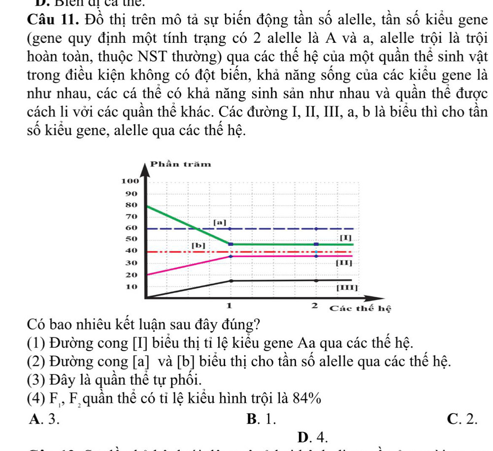 Bien drca the.
Câu 11. Đồ thị trên mô tả sự biến động tần số alelle, tần số kiểu gene
(gene quy định một tính trạng có 2 alelle là A và a, alelle trội là trội
hoàn toàn, thuộc NST thường) qua các thế hệ của một quần thể sinh vật
trong điều kiện không có đột biển, khả năng sống của các kiểu gene là
như nhau, các cá thể có khả năng sinh sản như nhau và quần thể được
cách li vởi các quần thể khác. Các đường I, II, III, a, b là biểu thì cho tần
số kiểu gene, alelle qua các thế hệ.
Phần trăm
100
90
80
70
[a]
60
50 [I]
40
[b]
30
1
20
10
[III]
2
1 Các thế hệ
Có bao nhiêu kết luận sau đây đúng?
(1) Đường cong [I] biểu thị tỉ lệ kiểu gene Aa qua các thể hệ.
(2) Đường cong [a] và [b] biểu thị cho tần số alelle qua các thế hệ.
(3) Đây là quần thể tự phối.
(4) F_1, F_2 quần thể có tỉ lệ kiểu hình trội là 84%
A. 3. B. 1. C. 2.
D. 4.