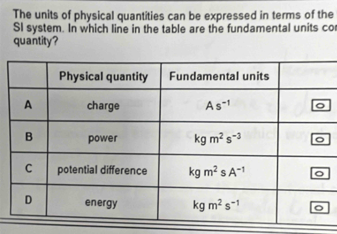 The units of physical quantities can be expressed in terms of the
SI system. In which line in the table are the fundamental units co
quantity?