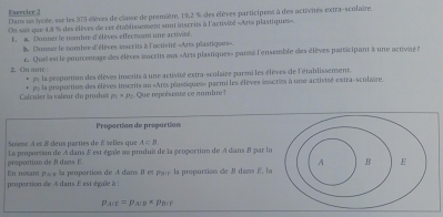 Dans ut lycée, ser les 375 élèves de classe de première, 19, 2 % des élèves participent à des activités extra-sculaire. 
On sait que 4,8 % des élèves de cet établisument sont inscrits à l'activité «Arts plastiques» 
E. a. Dunner le nombre d'élèves effectsant une activité. 
6, Dunner le nombre d'élèves inscrits à l'activité «Arts plastiques». 
2. On aole e. Quel est le pourcentage des élèves inscrits mux «Arts plastiques» pansi l'ensemble des élèves participant à une activité e 
m la proportion des élèves insorits à une activité extra-scolaire parmi les élèves de l'établissement. 
alculer la valeur du produs py la proportion des élèves inscrits au «Ares péastiques» parmi les élèves inscries à une activité extra-scolaire. 
Pt+p+P_2 Que représente ce nombre! 
Propaction de propaction 
Soent À et à deux parties de à selles que A⊂ B
proportion de B dans E La proporsion de A dans E est égale aa produis de la geopoction de A dans Il par la 
pruportion de A dans E est égale à : En notant paus la proportion de A dans B et pary la proportion de 8 dans 6, la
p_A(x)=p_A(B* p_B(F