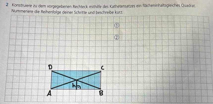 Konstruiere zu dem vorgegebenen Rechteck mithilfe des Kathetensatzes ein flächeninhaltsgleiches Quadrat. 
Nummeriere die Reihenfolge deiner Schritte und beschreibe kurz.