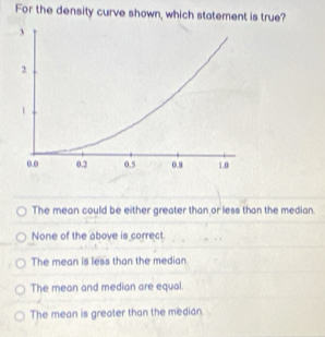 For the density curve shown, which statement is true?
The mean could be either greater than or less than the median.
None of the above is correct.
The mean is less than the median.
The mean and median are equal.
The mean is greater than the median.