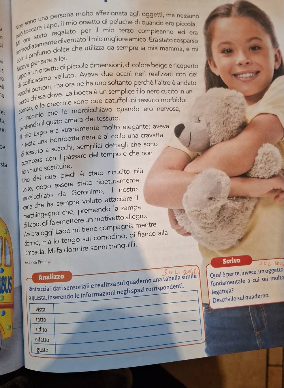 può toccare Lapo, il mio orsetto di peluche dí quando ero piccola.
a
Non sono una persona molto affezionata agli oggetti, ma nessuno
Mi era stato regalato per il mio terzo compleanno ed era
immediatamente diventato il mio migliore amico. Era stato cosparso
vi
con il profumo dolce che utilizza da sempre la mia mamma, e mi
faceva pensare a lei.
s Lapo è un orsetto di piccole dimensioni, di colore beige e ricoperto
ali di sofficissimo velluto. Aveva due occhi neri realizzati con dei
re
le
vecchi bottoni, ma ora ne ha uno soltanto perché l'altro è andato
perso chissà dove. La bocca è un semplice filo nero cucito in un
0. sorriso, e le orecchie sono due batuffoli di tessuto morbido:
ta,
mi ricordo che le mordicchiavo quando ero nervosa,
un sentendo il gusto amaro del tessuto.
mio Lapo era stranamente molto elegante: aveva
ce,
in testa una bombetta nera e al collo una cravatta
di tessuto a scacchi, semplici dettagli che sono
sta scomparsi con il passare del tempo e che non
ho voluto sostituire.
Uno dei due piedi è stato ricucito più
volte, dopo essere stato ripetutamente
morsicchiato da Geronimo, il nostro
cane che ha sempre voluto attaccare il
marchingegno che, premendo la zampa
di Lapo, gli fa emettere un motivetto allegro.
Ancora oggi Lapo mi tiene compagnia mentre
dormo, ma lo tengo sul comodino, di fianco alla
lampada. Mi fa dormire sonni tranquilli.
Federica Principi
Scrivo
Analizzo
Rintraccia i dati sensoriali e realizza sul quaderno una tabella simile Qual è per te, invece, un oggetto
a questa, inserendo le informazioni negli spazi corrispondenti. fondamentale a cui sei moltq
legato/a?
Descrivilo sul quaderno.
a vista
tatto
D udito
olfatto
gusto