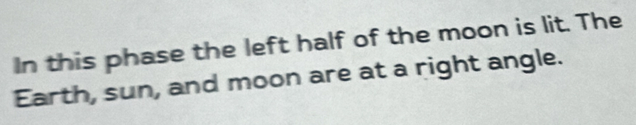 In this phase the left half of the moon is lit. The 
Earth, sun, and moon are at a right angle.