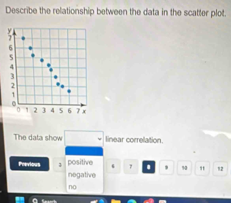 Describe the relationship between the data in the scatter plot.

6
5
4
3
2
1
0
0 1 2 3 4 5 6 7 x
The data show linear correlation. 
Previous 3 positive 6 7 8 9 10 11 12
negative 
no 
Search