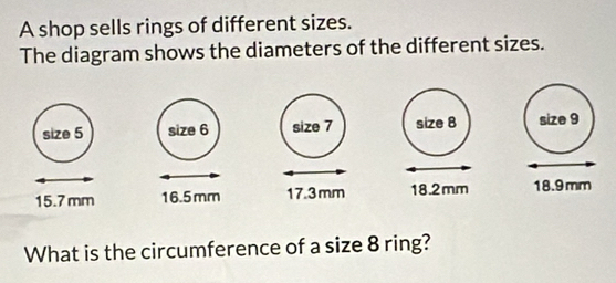 แก้ไขแล้ว:A shop sells rings of different sizes. The diagram shows the ...