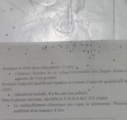 Souligne le GNS dans cette phrase. (1 pts). 
Certaines femmes de ce village parcourent une langue distance 
apporter de l'eau potable. 
. Souligne l'adjectif qualificatif épithète et entoure l’adjectif qualificatif at 
(2pts). 
Ahmed est malade. Il a bu une eau polluée. 
Dans la phrase suívante, identifie le C.O.D et le C.O.I :(1pts) 
Le réchauffement climatique provoque la sècheresse. Plusieus 
souffrent d'un manque d’eau.