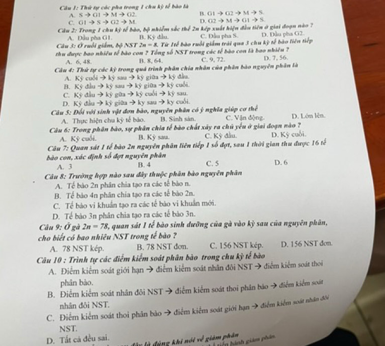 Thứ tự các pha trong 1 chu kỳ tế bào là
A. Sto G1to Mto G2.
B. G1to G2to Mto S
C. G1to Sto G2to M
D. G2to Mto G1to S.
Câu 2: Trong 1 chu A_3 tế bào, bộ nhiễm sắc thể 2n kép xuất hiện đầu tiên ở giai đoạn nào 7
A. Đầu pha G1 B. Kỳ đầu. C. Đầu pha S. D. Đầu pha G2.
Câu 3: Ở ruồi giám, bộ NST 2n=8 3. Từ Itế bào ruồi giám trải qua 3 chu kỳ tế bào liên tiếp
thu được bao nhiêu tế bào con ? Tổng số NST trong các tế bào con là bao nhiêu ?
A. 6, 48. B. 8, 64. C. 9, 72. D. 7, 56.
Câu 4: Thứ tự các kỳ trong quá trình phân chia nhân của phân bào nguyên phân là
A. Kỳ cuối → kỳ sau → kỳ giữa → ký đầu.
B. Kỳ đầu → kỳ sau → kỷ giữa → kỳ cuối.
C. Kỳ đầu → kỳ gữa → ký cuối → kỳ sau.
D. Kỳ đầu → kỷ giữa → ky sau → ky cuối.
Câu 5: Đối với sinh vật đơn bào, nguyên phân có ý nghĩa giúp cơ thể
A. Thực hiện chu kỷ tế bào. B. Sinh sản. C. Vận động. D. Lớn lên.
Câu 6: Trong phân bào, sự phân chia tế bào chất xây ra chủ yếu ở giai đoạn nào ?
A. Kỷ cuối. B. Kỳ sau. C. Kỳ đầu. D. Kỳ cuối.
Câu 7: Quan sát 1 tế bào 2n nguyên phân liên tiếp 1 số đợt, sau 1 thời gian thu được 16 tế
bào con, xác định số đợt nguyên phân
A. 3 B. 4 C. 5 D. 6
Câu 8: Trường hợp nào sau đây thuộc phân bào nguyên phân
A. Tế bào 2n phân chia tạo ra các tế bào n.
B. Tế bảo 4n phân chia tạo ra các tế bào 2n.
C. Tế bào vi khuẩn tạo ra các tế bào vi khuẩn mới.
D. Tể bào 3n phân chia tạo ra các tế bào 3n.
Câu 9:0 gà 2n=78 3, quan sát 1 tế bào sinh dưỡng của gà vào kỳ sau của nguyên phân,
cho biết có bao nhiêu NST trong tế bào ?
A. 78 NST kép. B. 78 NST dơn. C. 156 NST kép. D. 156 NST don.
Câu 10 : Trình tự các điểm kiểm soát phân bào trong chu kỳ tế bào
A. Điểm kiểm soát giới hạn → điểm kiểm soát nhân đôi NST → điểm kiểm soát thoi
phân bào.
B. Điểm kiểm soát nhân đôi NST → điểm kiểm soát thoi phân bảo → điểm kiểm soát
nhân đôi NST.
C. Điểm kiểm soát thoi phân bào → điểm kiểm soát giới hạn → điểm kiểm soát nhân đôi
NST.
D. Tất cả đều sai. giám phân
tiến hành giám phẩn.
lây là đùng khi nói w^d