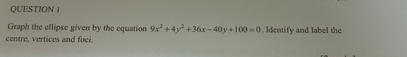 Graph the ellipse given by the equation 9x^2+4y^2+36x-40y+100=0. Identify and label the 
centre, vertices and foci.