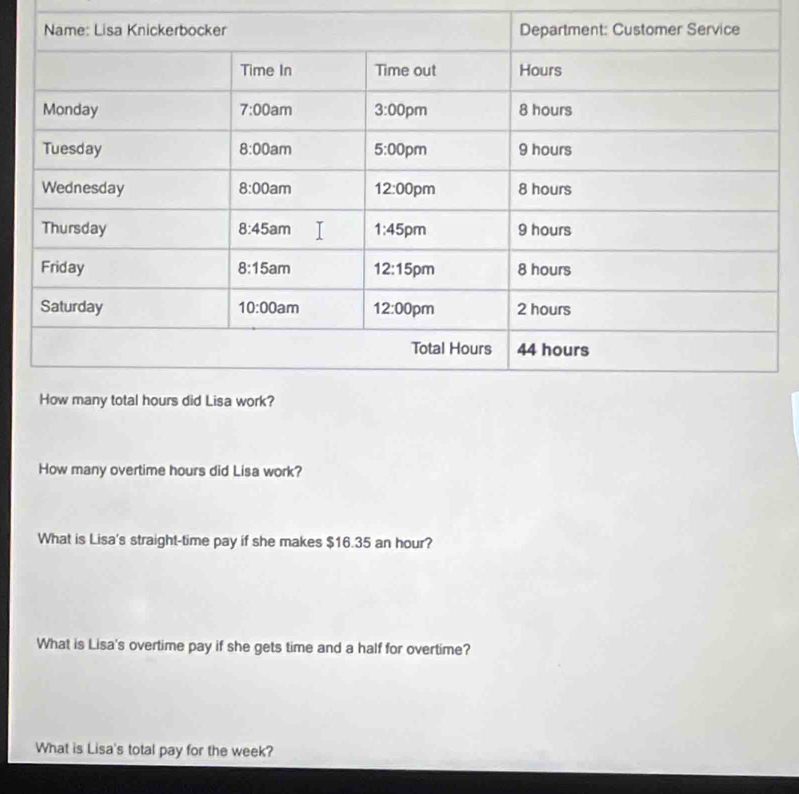 How many overtime hours did Lisa work?
What is Lisa's straight-time pay if she makes $16.35 an hour?
What is Lisa's overtime pay if she gets time and a half for overtime?
What is Lisa's total pay for the week?