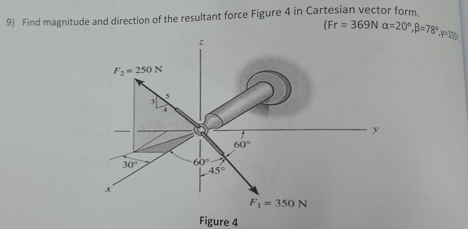 Find magnitude and direction of the resultant force Figure 4 in Cartesian vector form. 
(Fr=369Nalpha =20°, beta =78°, gamma =105°
z
F_2=250N
5
3
4
y
60°
30°
60°
45°
x
F_1=350N
Figure 4