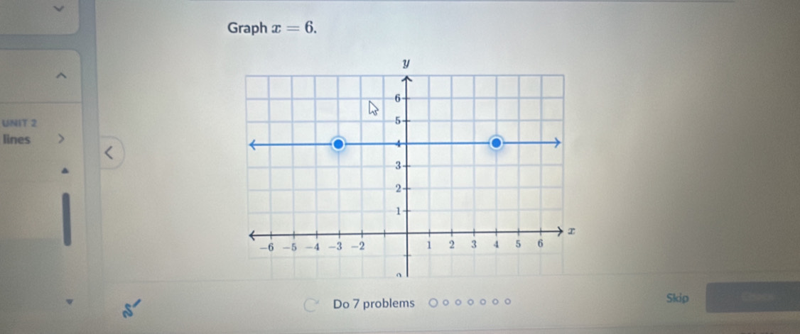 Graph x=6. 
UNIT 2 
lines 
Do 7 problems Skip