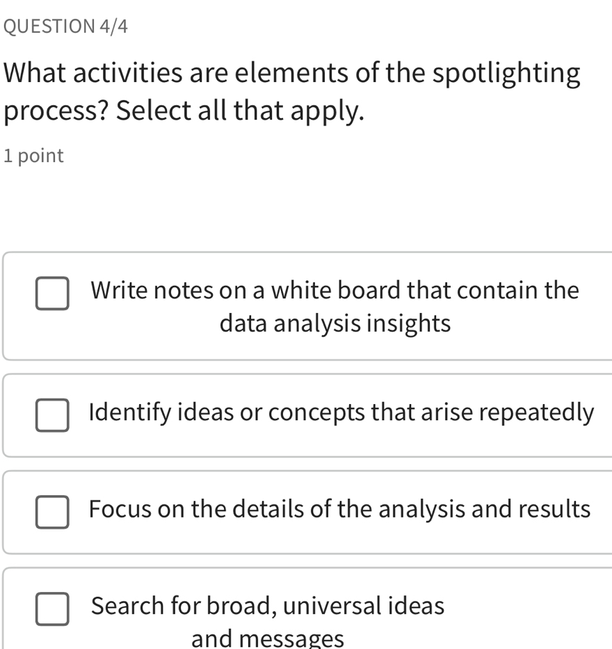 Solved: QUESTION 4/4 What activities are elements of the spotlighting ...