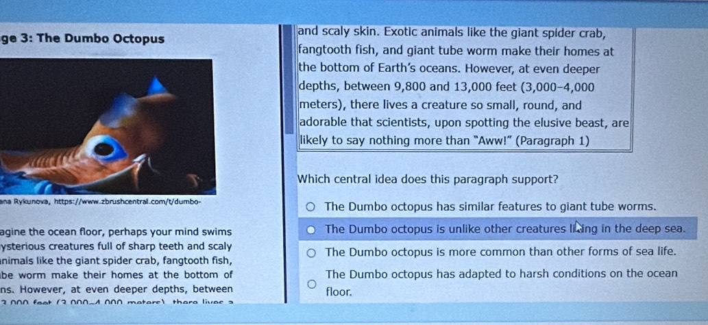 ge 3: The Dumbo Octopus
and scaly skin. Exotic animals like the giant spider crab,
fangtooth fish, and giant tube worm make their homes at
the bottom of Earth’s oceans. However, at even deeper
depths, between 9,800 and 13,000 feet (3,000-4,000
meters), there lives a creature so small, round, and
adorable that scientists, upon spotting the elusive beast, are
likely to say nothing more than “Aww!” (Paragraph 1)
Which central idea does this paragraph support?
ana Rykunova, https://www.zbrushcentral.com/t/dumbo- The Dumbo octopus has similar features to giant tube worms.
agine the ocean floor, perhaps your mind swims The Dumbo octopus is unlike other creatures li ing in the deep sea.
ysterious creatures full of sharp teeth and scaly
The Dumbo octopus is more common than other forms of sea life.
animals like the giant spider crab, fangtooth fish,
be worm make their homes at the bottom of The Dumbo octopus has adapted to harsh conditions on the ocean
ns. However, at even deeper depths, between floor.
2 0 f e e ( 2 0 - 4 0 0 m e ters ) th ers