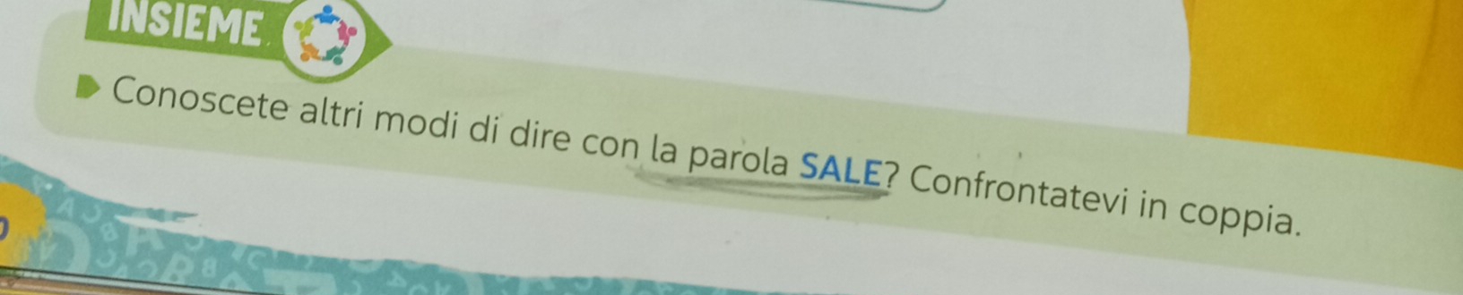 INSIEME 
Conoscete altri modi di dire con la parola SALE? Confrontatevi in coppia.