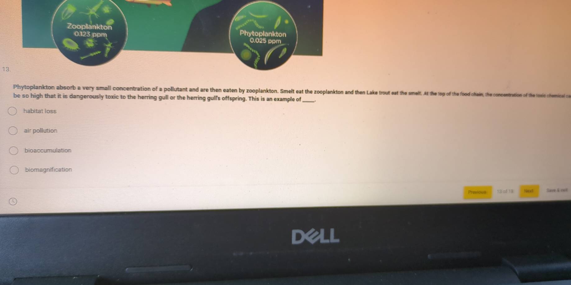 Zooplankton Phytoplankton
0.123 ppm 0.025 ppm
13.
Phytoplankton absorb a very small concentration of a pollutant and are then eaten by zooplankton. Smelt eat the zooplankton and then Lake trout eat the smelt. At the top of the food chain, the concentration of the toxic ch
be so high that it is dangerously toxic to the herring gull or the herring gull's offspring. This is an example of_
habitat loss
air pollution
bioaccumulation
biomagnification
Previous 13.of 18 Neot Save & exit