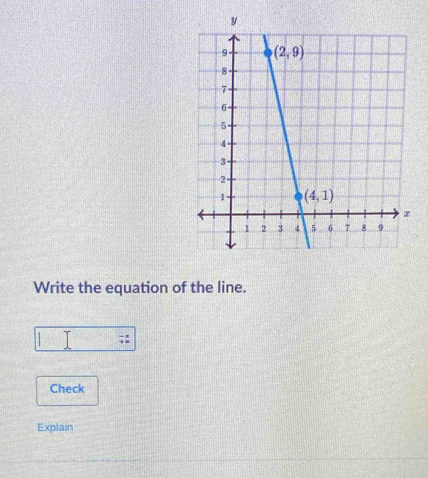 Write the equation of the line.
-
Check
Explain