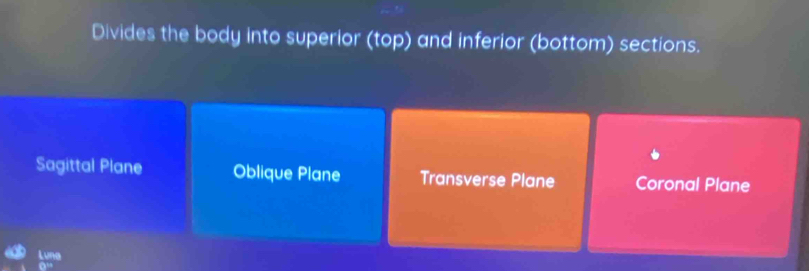 Divides the body into superior (top) and inferior (bottom) sections.
Sagittal Plane Oblique Plane Transverse Plane Coronal Plane
Luna
@”