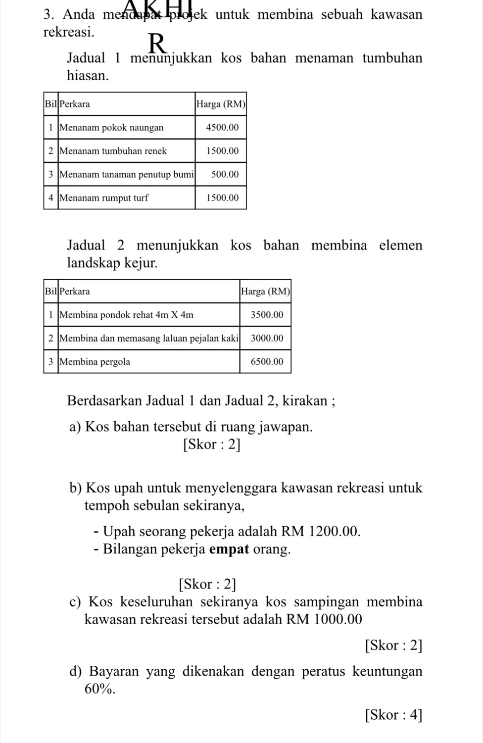 Anda mendapat proi jek untuk membina sebuah kawasan . 
rekreasi. 
Jadual 1 menunjukkan kos bahan menaman tumbuhan 
hiasan. 
Jadual 2 menunjukkan kos bahan membina elemen 
landskap kejur. 
Berdasarkan Jadual 1 dan Jadual 2, kirakan ; 
a) Kos bahan tersebut di ruang jawapan. 
[Skor : 2] 
b) Kos upah untuk menyelenggara kawasan rekreasi untuk 
tempoh sebulan sekiranya, 
- Upah seorang pekerja adalah RM 1200.00. 
- Bilangan pekerja empat orang. 
[Skor : 2] 
c) Kos keseluruhan sekiranya kos sampingan membina 
kawasan rekreasi tersebut adalah RM 1000.00
[Skor : 2] 
d) Bayaran yang dikenakan dengan peratus keuntungan
60%. 
[Skor : 4]