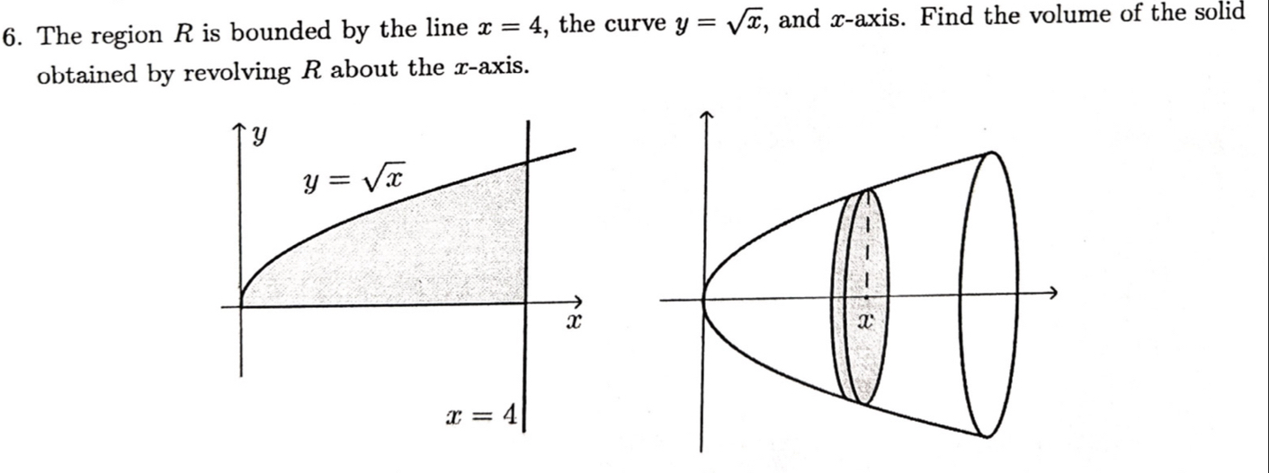 The region R is bounded by the line x=4 , the curve y=sqrt(x) , and x-axis. Find the volume of the solid
obtained by revolving R about the x-axis.