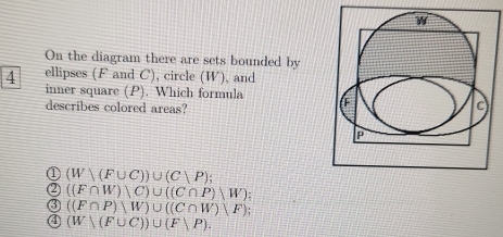 On the diagram there are sets bounded by
4 ellipses (F and C), circle (W), and
inner square (P). Which formula (F C
describes colored areas?
P
① (W)(F∪ C))∪ (C∪ P);
② ((F∩ W)△ C)∪ ((C∩ P)△ W)
③ ((F∩ P)|W)∪ ((C∩ W)|F)
④ (W)(F∪ C))∪ (F∪ P).