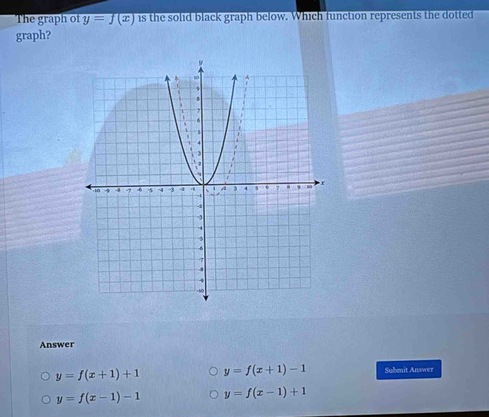 The graph of y=f(x) is the solid black graph below. Which function represents the dotted
graph?
Answer
y=f(x+1)-1
y=f(x+1)+1 Submit Answer
y=f(x-1)-1
y=f(x-1)+1