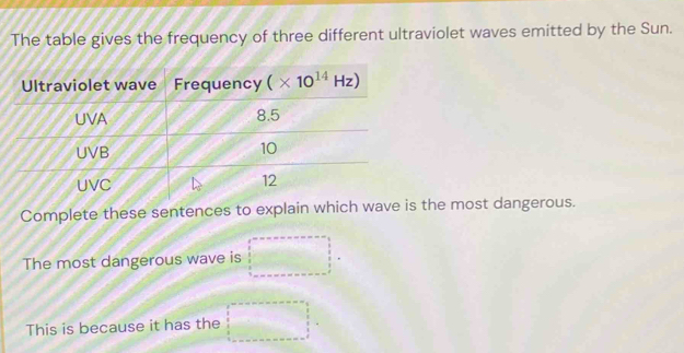 The table gives the frequency of three different ultraviolet waves emitted by the Sun.
Complete these sentences to explain which wave is the most dangerous.
The most dangerous wave is
This is because it has the