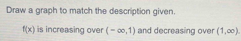 Draw a graph to match the description given.
f(x) is increasing over (-∈fty ,1) and decreasing over (1,∈fty ).