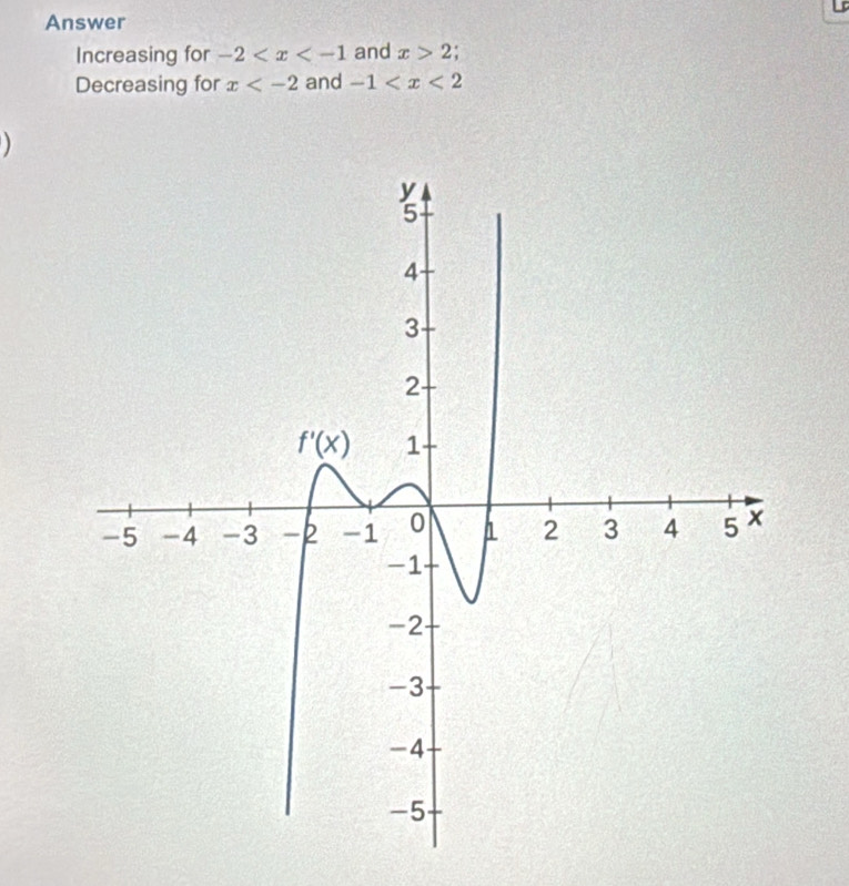 Answer
Increasing for -2 and x>2
Decreasing for x and -1
)