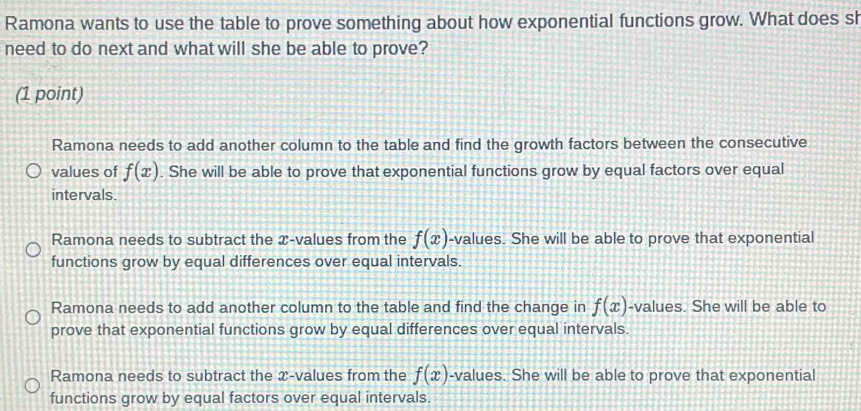 Ramona wants to use the table to prove something about how exponential functions grow. What does sh
need to do next and what will she be able to prove?
(1 point)
Ramona needs to add another column to the table and find the growth factors between the consecutive
values of f(x). She will be able to prove that exponential functions grow by equal factors over equal
intervals.
Ramona needs to subtract the x -values from the f(x) -values. She will be able to prove that exponential
functions grow by equal differences over equal intervals.
Ramona needs to add another column to the table and find the change in f(x) -values. She will be able to
prove that exponential functions grow by equal differences over equal intervals.
Ramona needs to subtract the x -values from the f(x) -values. She will be able to prove that exponential
functions grow by equal factors over equal intervals.