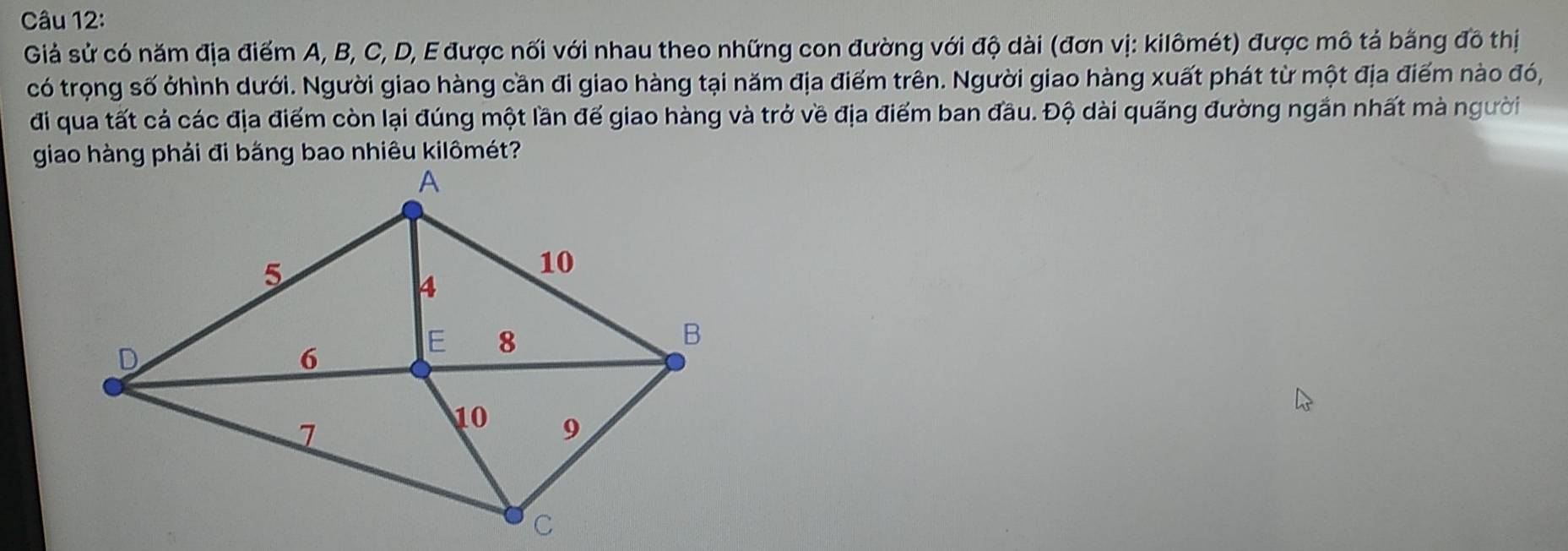 Giả sử có năm địa điểm A, B, C, D, E được nối với nhau theo những con đường với độ dài (đơn vị: kilômét) được mô tả bằng đô thị 
có trọng số ởhình dưới. Người giao hàng cần đi giao hàng tại năm địa điểm trên. Người giao hàng xuất phát từ một địa điểm nào đó, 
đi qua tất cả các địa điểm còn lại đúng một lần đế giao hàng và trở về địa điểm ban đầu. Độ dài quãng đường ngắn nhất mà người