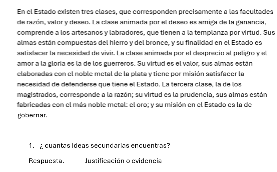 En el Estado existen tres clases, que corresponden precisamente a las facultades
de razón, valor y deseo. La clase animada por el deseo es amiga de la ganancia,
comprende a los artesanos y labradores, que tienen a la templanza por virtud. Sus
almas están compuestas del hierro y del bronce, y su finalidad en el Estado es
satisfacer la necesidad de vivir. La clase animada por el desprecio al peligro y el
amor a la gloria es la de los guerreros. Su virtud es el valor, sus almas están
elaboradas con el noble metal de la plata y tiene por misión satisfacer la
necesidad de defenderse que tiene el Estado. La tercera clase, la de los
magistrados, corresponde a la razón; su virtud es la prudencia, sus almas están
fabricadas con el más noble metal: el oro; y su misión en el Estado es la de
gobernar.
1. cuantas ideas secundarias encuentras?
Respuesta. Justificación o evidencia