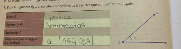 La evidencia se ent g 
1. Para la siguiente figura, escribe los nombres de las partes que conforman un ángulo. 
Punto 8 
Semirrecta A 
Semirrecta C 
Notaciones para el ángulo 
que se forma