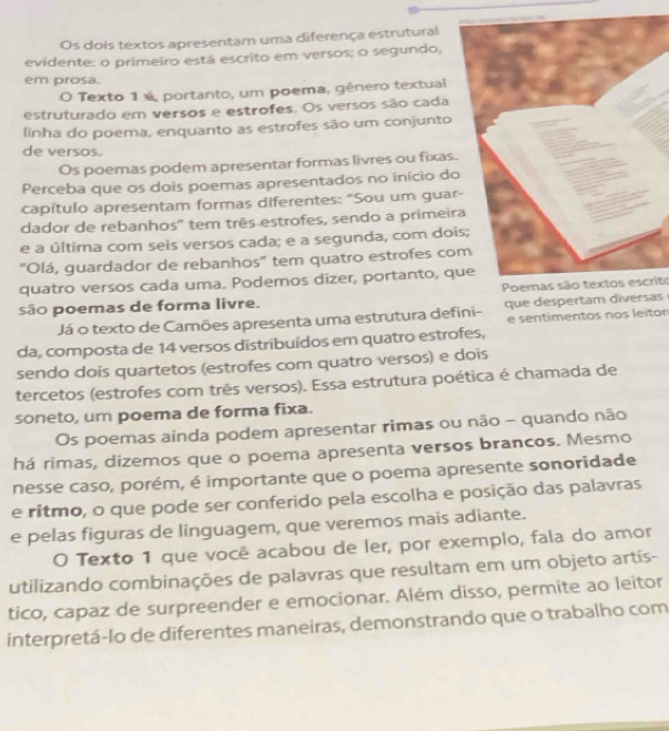 Os dois textos apresentam uma diferença estrutural
evidente: o primeiro está escrito em versos; o segundo,
em prosa.
O Texto 1 é portanto, um poema, gênero textual
estruturado em versos e estrofes. Os versos são cada
linha do poema, enquanto as estrofes são um conjunto
de versos.
Os poemas podem apresentar formas livres ou fixas.
Perceba que os dois poemas apresentados no início do
capítulo apresentam formas diferentes: "Sou um guar
dador de rebanhos" tem três estrofes, sendo a primeir
e a última com seis versos cada; e a segunda, com doi
'Olá, guardador de rebanhos'' tem quatro estrofes co
quatro versos cada uma. Podemos dizer, portanto, q
Poemas são textos escrito
são poemas de forma livre.
Já o texto de Camões apresenta uma estrutura defini- que despertam diversas
e sentimentos nos leitor
da, composta de 14 versos distribuídos em quatro estrofes,
sendo dois quartetos (estrofes com quatro versos) e dois
tercetos (estrofes com três versos). Essa estrutura poética é chamada de
soneto, um poema de forma fixa.
Os poemas ainda podem apresentar rimas ou não - quando não
há rimas, dizemos que o poema apresenta versos brancos. Mesmo
nesse caso, porém, é importante que o poema apresente sonoridade
e ritmo, o que pode ser conferido pela escolha e posição das palavras
e pelas figuras de linguagem, que veremos mais adiante.
O Texto 1 que você acabou de ler, por exemplo, fala do amor
utilizando combinações de palavras que resultam em um objeto artis-
tico, capaz de surpreender e emocionar. Além disso, permite ao leitor
interpretá-lo de diferentes maneiras, demonstrando que o trabalho com